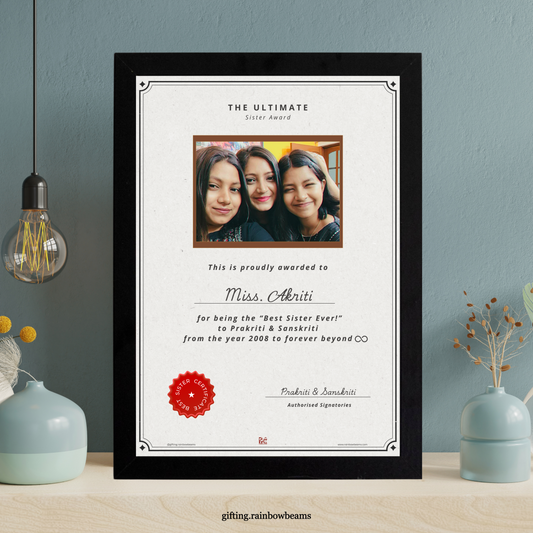 Best Sister Certificate with Photo | Customized
